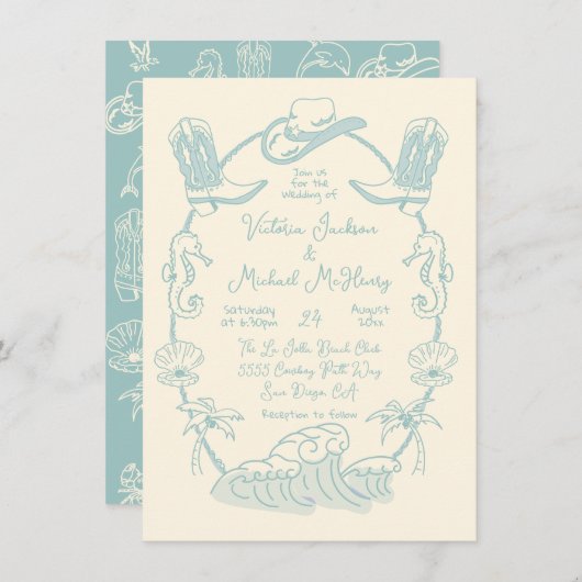 Handgezeichnete Tropical Cowboy Beach Hochzeit Einladung (Vorne/Hinten)