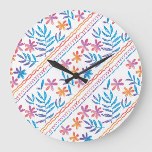 Handgezeichnete tropische Blumen, Blätter Muster. Große Wanduhr