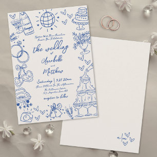 Handgezeichnete Vintage Blaue Whimsical Hochzeit Einladung