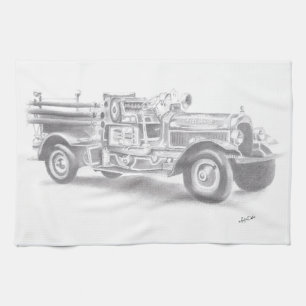 handgezeichnete Vintage-Feuerwehrskizze Geschirrtuch