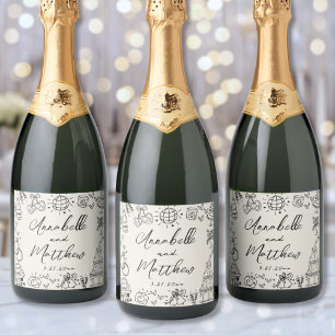 Handgezeichnete Vintage-Hochzeit Schaumweinetikett