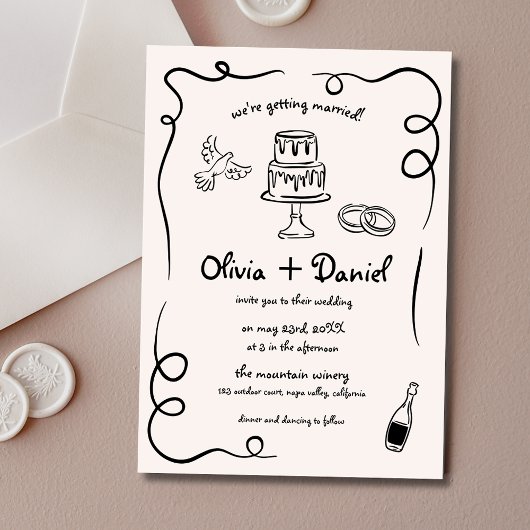 Handgezeichnete Vintage Schwarz-Weiß-Hochzeit Einladung