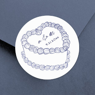 Handgezeichnete Vintage-Torte Marineblaue Hochzeit Runder Aufkleber
