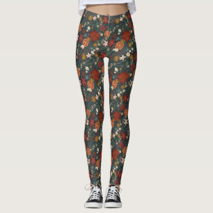 Handgezeichnete Vintage Winter Florals Dunkelgrün Leggings