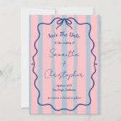 Handgezeichnete Wavy Blue Bow Pink Stripe Hochzeit Save The Date (Vorderseite)