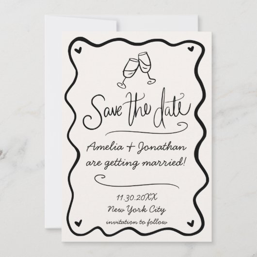 Handgezeichnete Wavy Doodle Hochzeit speichern das Einladung (Vorderseite)