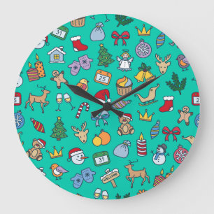 Handgezeichnete Weihnachten: Feierlich nahtlos. Große Wanduhr