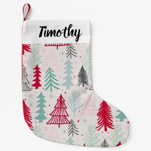 Handgezeichnete Weihnachtsbäume Evergreen Pine Red Kleiner Weihnachtsstrumpf (Vorderseite)