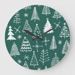 Handgezeichnete Weihnachtsbäume, Wintermuster. Große Wanduhr