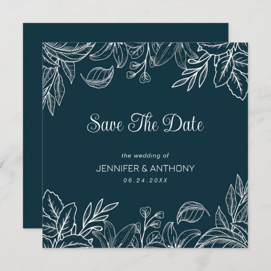 Handgezeichnete weiße Blätter Save The Date (Vorne/Hinten)