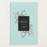 Handgezeichnete weiße Blume Türkis Termin Planer<br><div class="desc">Das helltürkisfarbene Terminkalender,  in dem Sie Ihren Namen und zusätzlichen Text zu einem schwarzen Etikett hinzufügen können,  das aus einem von Hand gezeichnet Zweig von Blume und Blätter in Schwarz und Weiß besteht.</div>