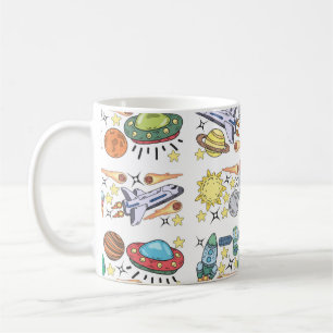 Handgezeichnete Weltraum-Kritzeleien. Vintage Kaffeetasse