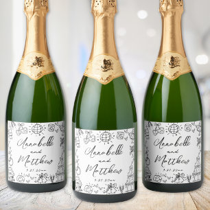 Handgezeichnete whimische Hochzeit Schaumweinetikett