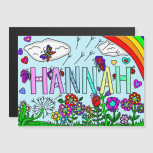 Handgezeichnete Whimsical-Blume und Name Hannah Magneteinladung