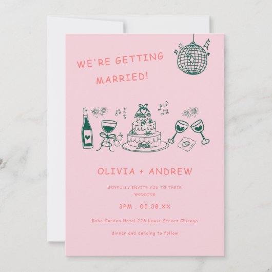 Handgezeichnete Whimsical Einzigartiges Quirky Wed Einladung (Vorderseite)