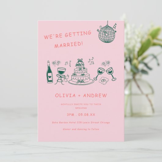 Handgezeichnete Whimsical Einzigartiges Quirky Wed Einladung (Stehend Vorderseite)