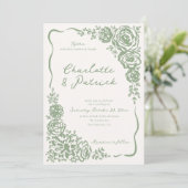Handgezeichnete Whimsical Floral Sage Green Weddin Einladung (Stehend Vorderseite)