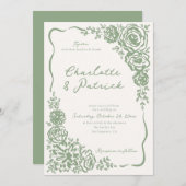 Handgezeichnete Whimsical Floral Sage Green Weddin Einladung (Vorne/Hinten)