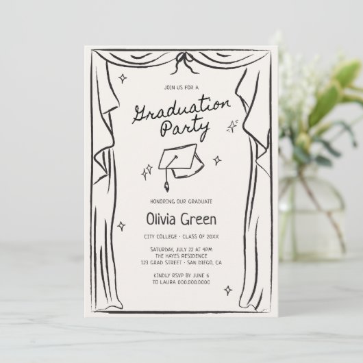 Handgezeichnete Whimsical Graduation Party Einladung (Stehend Vorderseite)