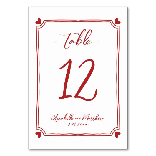 Handgezeichnete Whimsical Red Wedding Tischnummer (Vorderseite)