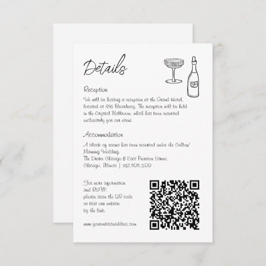 Handgezeichnete whimsical Retro QR Code Hochzeitsi Begleitkarte (Vorne/Hinten)