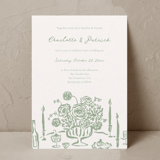 Handgezeichnete Whimsical Sage Green Wedding Einla Einladung