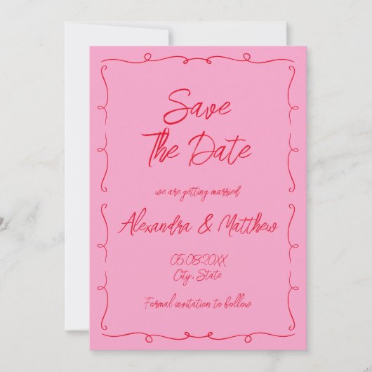 Handgezeichnete Whimsical Scribble Rosa und Rote H Save The Date (Vorderseite)