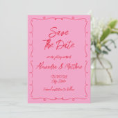 Handgezeichnete Whimsical Scribble Rosa und Rote H Save The Date (Stehend Vorderseite)