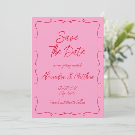 Handgezeichnete Whimsical Scribble Rosa und Rote H Save The Date (Stehend Vorderseite)