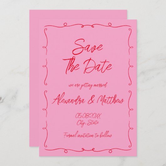 Handgezeichnete Whimsical Scribble Rosa und Rote H Save The Date (Vorne/Hinten)