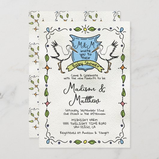 Handgezeichnete Whimsical Stork Wappen Babydusche Einladung (Vorne/Hinten)