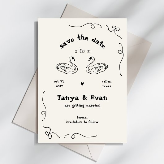Handgezeichnete Whimsical Swan Monogram Doodle Wed Save The Date
