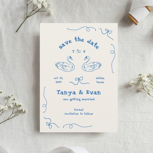 Handgezeichnete Whimsical Swan Monogram Doodle Wed Save The Date