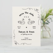 Handgezeichnete Whimsical Swan Monogram Doodle Wed Save The Date (Stehend Vorderseite)