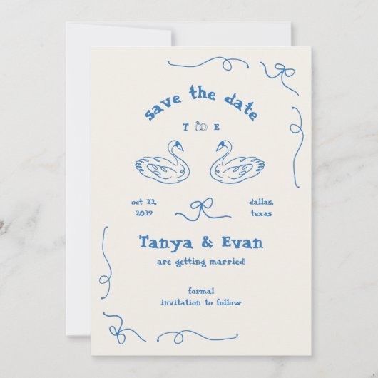 Handgezeichnete Whimsical Swan Monogram Doodle Wed Save The Date (Vorderseite)