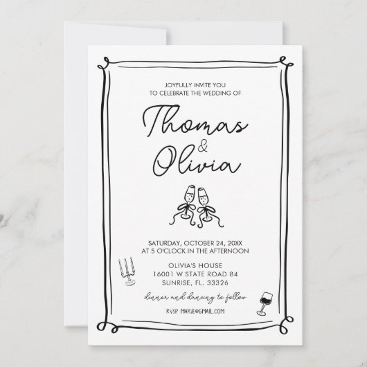 Handgezeichnete Whimsical Wedding Einladungen (Vorderseite)