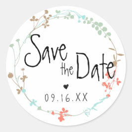 Handgezeichnete Wildblume Kranz Save the Date Runder Aufkleber