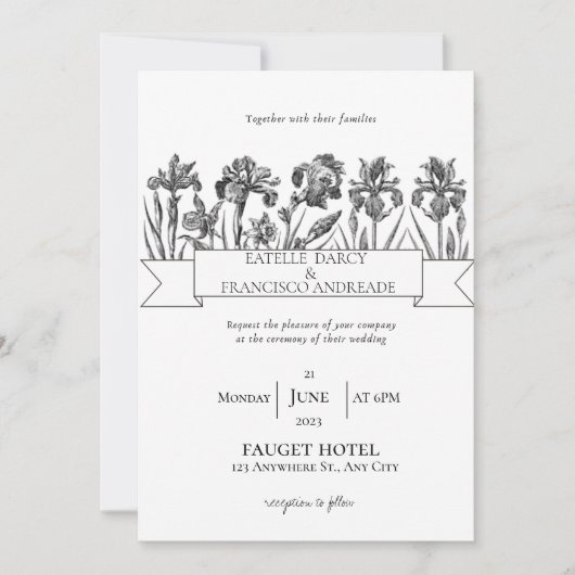 Handgezeichnete Wildblume Schwarz-Weiß-Hochzeit Einladung (Vorderseite)