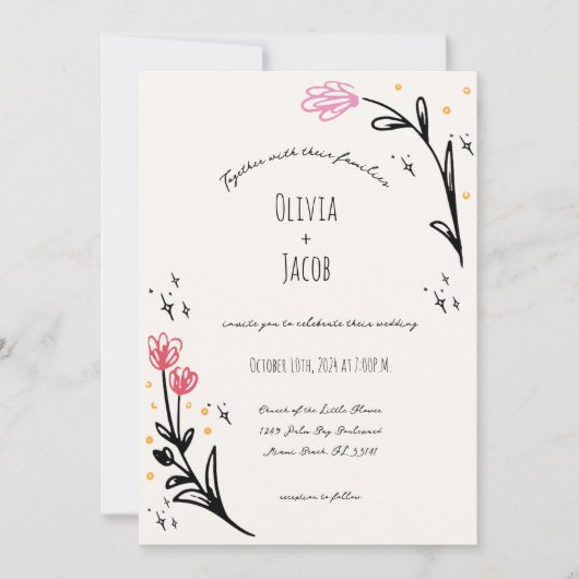 Handgezeichnete Wildblume Scribble Wavy Border Wed Einladung (Vorderseite)