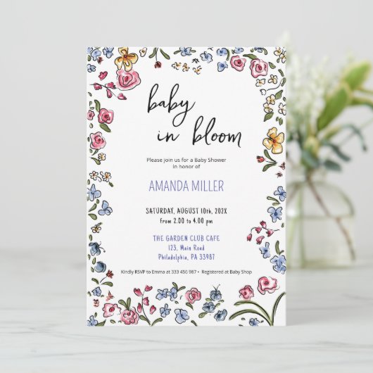 Handgezeichnete Wildblumen der Babydusche Save The Date (Stehend Vorderseite)