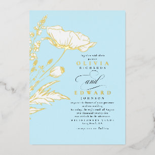 Handgezeichnete Wildblumen Elegante hellblaue Hoch Folieneinladung