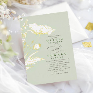 Handgezeichnete Wildblumen Elegante Salbei-Hochzei Folieneinladung