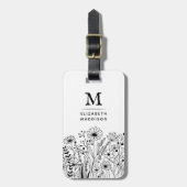 Handgezeichnete Wildblumen Schwarz-Weiß-Monogramm Gepäckanhänger (Vorderseite vertikal)