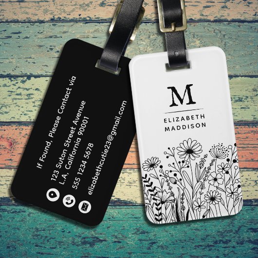 Handgezeichnete Wildblumen Schwarz-Weiß-Monogramm Gepäckanhänger