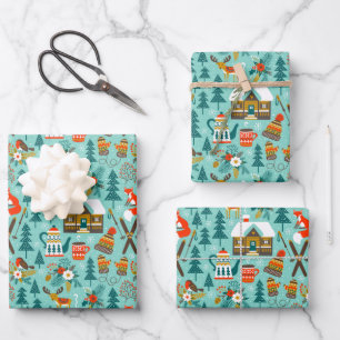 Handgezeichnete Winter-Ski-Wildtiere-Natur-Geschen Geschenkpapier Set