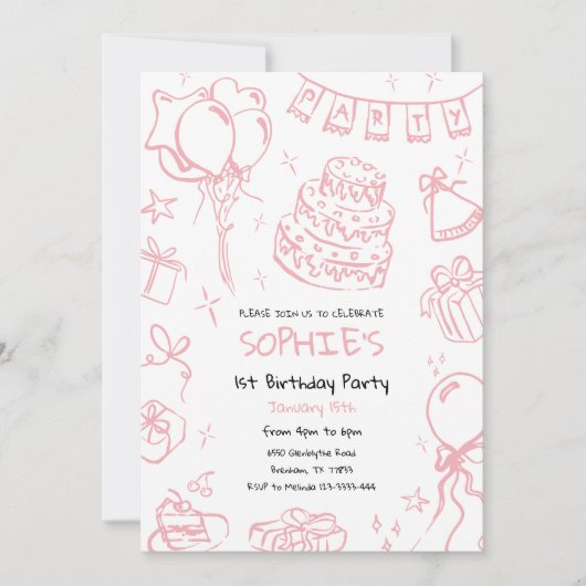Handgezeichneter 1. Geburtstag Einladung, Doodle G Einladung (Vorderseite)
