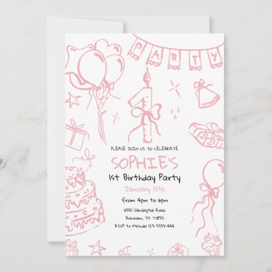 Handgezeichneter 1. Geburtstag Einladung, Doodle G Einladung (Vorderseite)