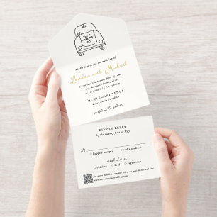 Handgezeichneter Auto-Doodle-QR-Code Moderne Hochz All-in-One-Einladung
