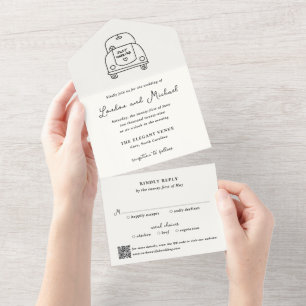 Handgezeichneter Auto-Doodle-QR-Code Moderne Hochz All In One Einladung