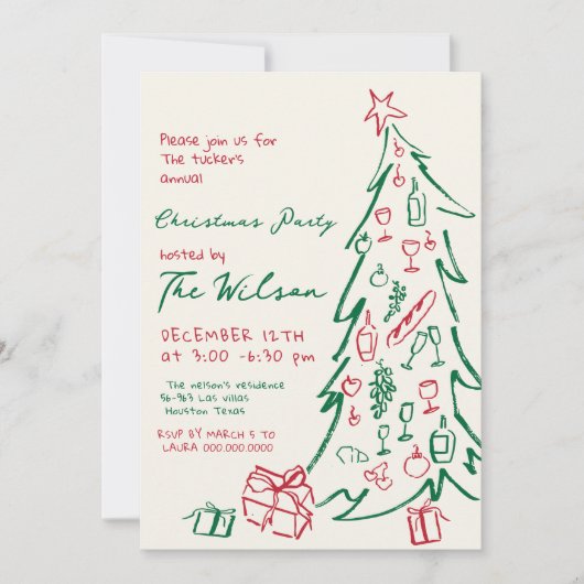 Handgezeichneter Baum Rotes Grün Weihnachtsfest Pa Einladung (Vorderseite)